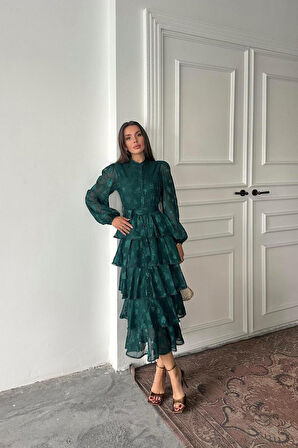 leyla sanat sanata yeni bir bakış açısı Zümrüt Valonlu Şeritli Kat Kat Elbise