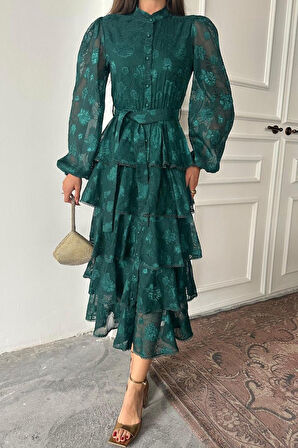 leyla sanat sanata yeni bir bakış açısı Zümrüt Valonlu Şeritli Kat Kat Elbise