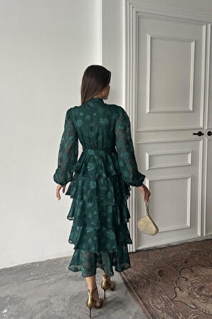 leyla sanat sanata yeni bir bakış açısı Zümrüt Valonlu Şeritli Kat Kat Elbise