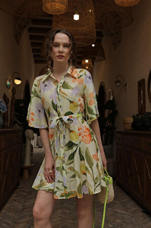 leyla sanat sanata yeni bir bakış açısı Desenli Yarım Kol Elbise - Yeşil