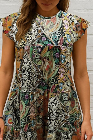 leyla sanat sanata yeni bir bakış açısı Kadın Kısa Kollu Kolları Fırfırlı Bisiklet Yakalı Kare Desenli Elbise