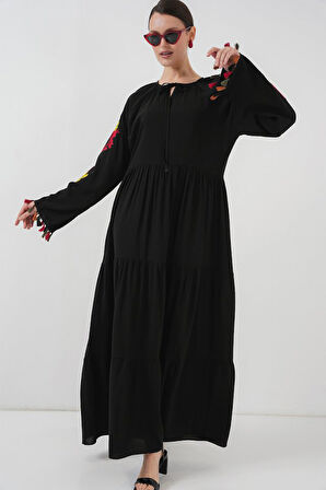 leyla sanat sanata yeni bir bakış açısı Nakışlı Uzun Elbise 2534 - Siyah