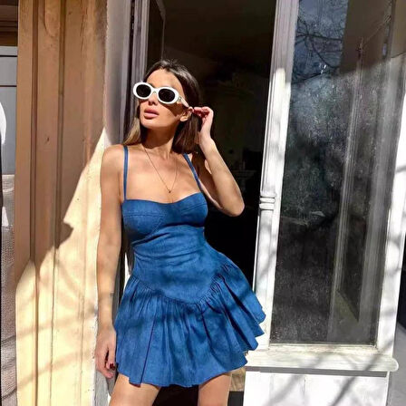 leyla sanat sanata yeni bir bakış açısı Kadın Kot Kumaş Göğüs Glop Detaylı Sırt Fermuarlı Mini Boy Elbise