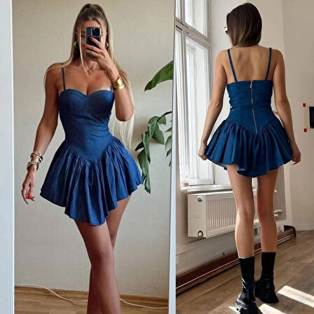 leyla sanat sanata yeni bir bakış açısı Kadın Kot Kumaş Göğüs Glop Detaylı Sırt Fermuarlı Mini Boy Elbise