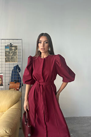 leyla sanat sanata yeni bir bakış açısı TENCEL KARPUZ KOL ELBİSE - Bordo