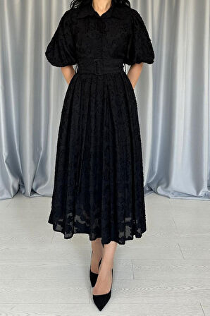 leyla sanat sanata yeni bir bakış açısı Siyah Kemerli Balon Kollu Elbise