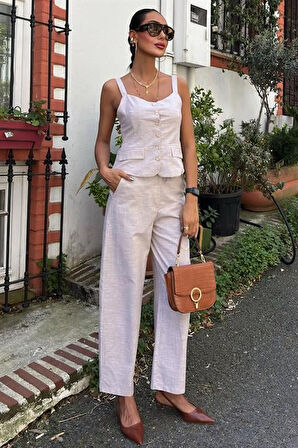 leyla sanat sanata yeni bir bakış açısı Kalın Askılı Bluz Pantolon Keten Takım 10187