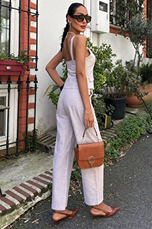 leyla sanat sanata yeni bir bakış açısı Kalın Askılı Bluz Pantolon Keten Takım 10187