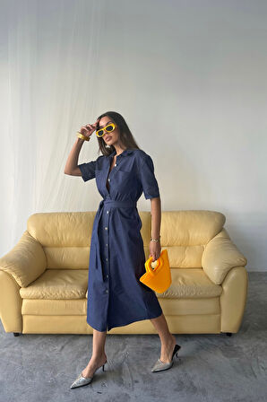 leyla sanat sanata yeni bir bakış açısı TENCEL ÖNDEN DÜĞMELİ KISA KOL ELBİSE - Mavi