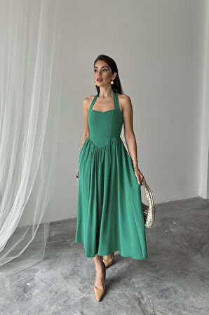 leyla sanat sanata yeni bir bakış açısı Yeşil Boyundan Bağlamalı Keten Elbise