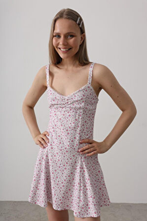 leyla sanat sanata yeni bir bakış açısı Çiçek Desenli Askılı Elbise - Pembe