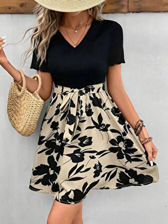 leyla sanat sanata yeni bir bakış açısı Kadın Kısa Kollu V Yakalı Belden Kuşaklı çiçek Desenli üst Viskon Alt Süprem Elbise