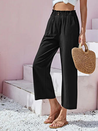 leyla sanat sanata yeni bir bakış açısı Kadın Bel Büzgü Ve Düğme Detay Kapri Keten Pantolon