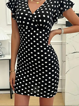 leyla sanat sanata yeni bir bakış açısı Kadın Kısa Kollu Kruvaze Yakalı örme Puantiyeli Krep Elbise