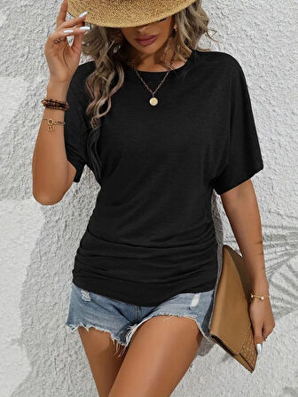 leyla sanat sanata yeni bir bakış açısı Kadın Kısa Kollu Bisiklet Yaka Yanları Büzgü Detay Yarasa Kol Viskon Bluz