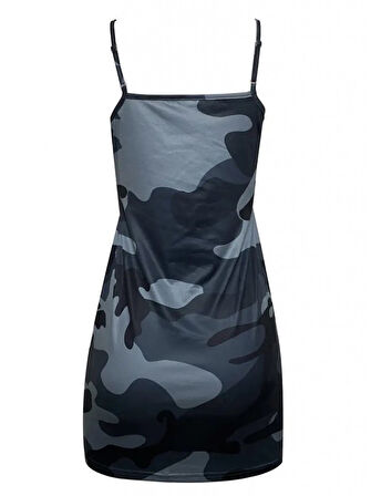 leyla sanat sanata yeni bir bakış açısı Kadın Ip Askılı Kamuflaj Baskılı Viskon Elbise