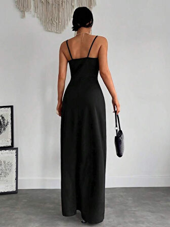 leyla sanat sanata yeni bir bakış açısı Kadın Askılı Kruvaze Yakalı Yırtmaçlı Krep Elbise