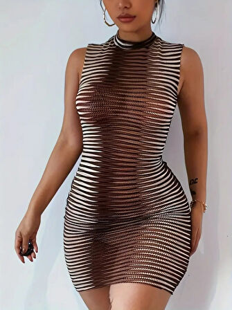leyla sanat sanata yeni bir bakış açısı Kadın Sıfır Kol Desenli Mini Bodycon Dalgıç Elbise