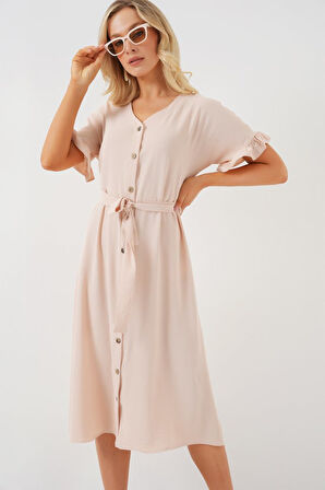 leyla sanat sanata yeni bir bakış açısı Kısa Kol Düğmeli Elbise 2555 - Krem