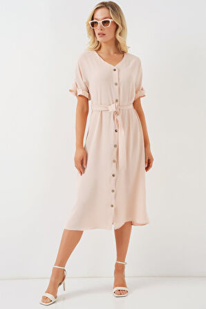 leyla sanat sanata yeni bir bakış açısı Kısa Kol Düğmeli Elbise 2555 - Krem