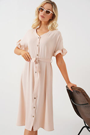 leyla sanat sanata yeni bir bakış açısı Kısa Kol Düğmeli Elbise 2555 - Krem