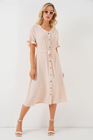 leyla sanat sanata yeni bir bakış açısı Kısa Kol Düğmeli Elbise 2555 - Krem