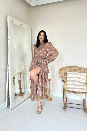 leyla sanat sanata yeni bir bakış açısı Vizon Valonlu Şeritli Kat Kat Elbise