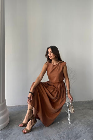 leyla sanat sanata yeni bir bakış açısı KETEN KOLSUZ BLUZ - MAXİ ETEK TAKIM - Kahverengi