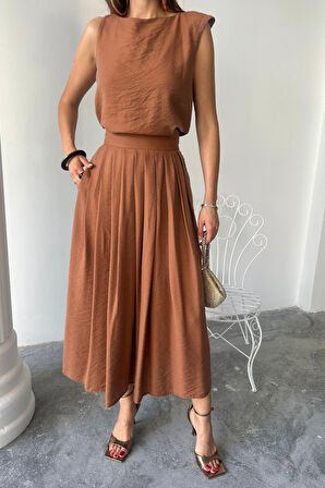 leyla sanat sanata yeni bir bakış açısı KETEN KOLSUZ BLUZ - MAXİ ETEK TAKIM - Kahverengi