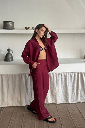 leyla sanat sanata yeni bir bakış açısı GÖMLEK-PANTOLON TAKIM CUPRA KUMAŞ - Bordo