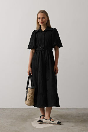 leyla sanat sanata yeni bir bakış açısı Balon Kol Kemerli Brode Elbise - Siyah