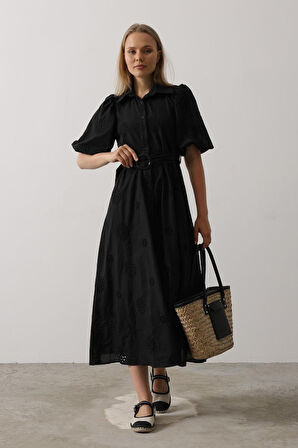 leyla sanat sanata yeni bir bakış açısı Balon Kol Kemerli Brode Elbise - Siyah