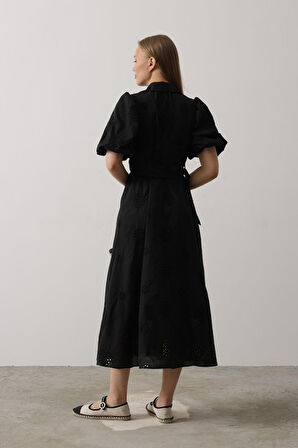 leyla sanat sanata yeni bir bakış açısı Balon Kol Kemerli Brode Elbise - Siyah