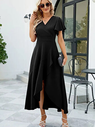 leyla sanat sanata yeni bir bakış açısı Kadın Kısa Kollu Kruvaze Yakalı önden Volanlı çapraz Kesim Detaylı Maksi Boy Ithal Krep Elbise