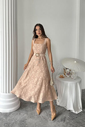 leyla sanat sanata yeni bir bakış açısı Bej Kuplu Uzun Elbise