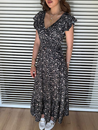 leyla sanat sanata yeni bir bakış açısı Kadın Kısa Kollu Kruvaze Yaka Beli Lastikli çiçek Desenli Elbise