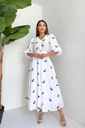 leyla sanat sanata yeni bir bakış açısı Kırmızı Yakası Çiçek Motifli Kemerli Elbise