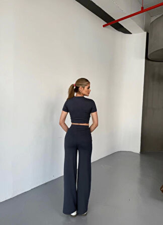 leyla sanat sanata yeni bir bakış açısı Osy Modal Yumuşak Dokulu Kumaş Kısa Kollu Crop Rahat Pantalon Ikili Takım - Füme