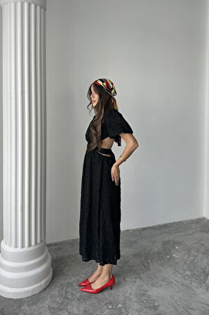 leyla sanat sanata yeni bir bakış açısı Siyah Balon Kol Kuşaklı Elbise