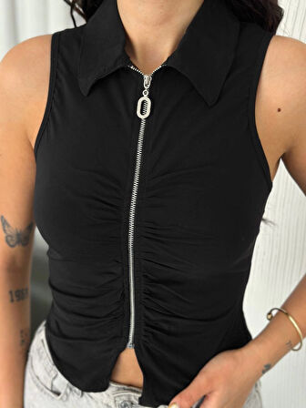 leyla sanat sanata yeni bir bakış açısı Yakalı Tam Fermuarlı Kolsuz Bluz - Siyah