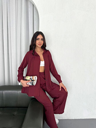 leyla sanat sanata yeni bir bakış açısı Yakalı Düğmeli Uzun Kollu Gömlek Pantolon Ikili Takım - Bordo