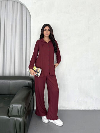 leyla sanat sanata yeni bir bakış açısı Yakalı Düğmeli Uzun Kollu Gömlek Pantolon Ikili Takım - Bordo