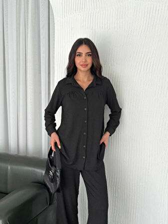 leyla sanat sanata yeni bir bakış açısı Yakalı Düğmeli Uzun Kollu Gömlek Pantolon Ikili Takım - Siyah