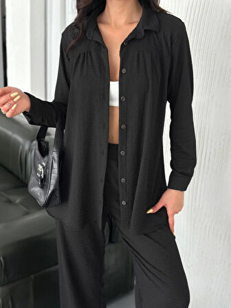 leyla sanat sanata yeni bir bakış açısı Yakalı Düğmeli Uzun Kollu Gömlek Pantolon Ikili Takım - Siyah