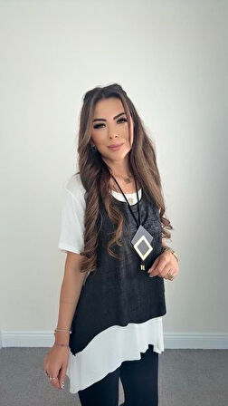 leyla sanat sanata yeni bir bakış açısı Kadın Kısa Kollu Bisiklet Yaka Yelek Bluz Asimetrik Kesim İkili Takım