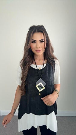 leyla sanat sanata yeni bir bakış açısı Kadın Kısa Kollu Bisiklet Yaka Yelek Bluz Asimetrik Kesim İkili Takım