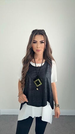 leyla sanat sanata yeni bir bakış açısı Kadın Kısa Kollu Bisiklet Yaka Yelek Bluz Asimetrik Kesim İkili Takım