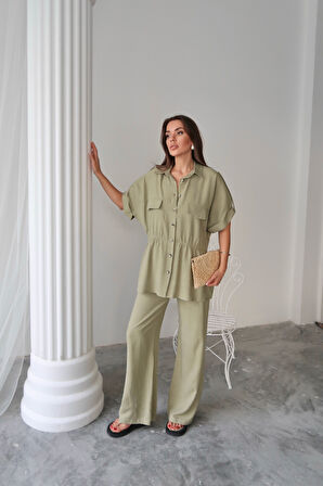 leyla sanat sanata yeni bir bakış açısı KETEN BELDEN BÜZGÜ DETAYLI GÖMLEK - PANTOLON TAKIM - Yeşil