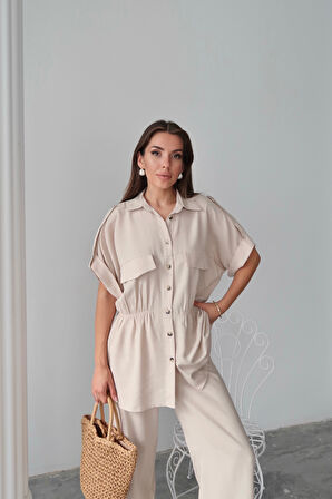 leyla sanat sanata yeni bir bakış açısı KETEN BELDEN BÜZGÜ DETAYLI GÖMLEK - PANTOLON TAKIM - Bej