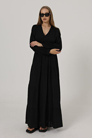 leyla sanat sanata yeni bir bakış açısı Önü Yarım Düğmeli Uzun Kol Kemerli Elbise - Siyah